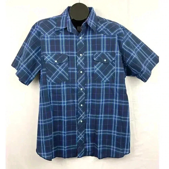 Rustler Blue Plaid Pearl Snap Western Shirt XL Short Sleeve X Long Tails - Picture 7 of 10